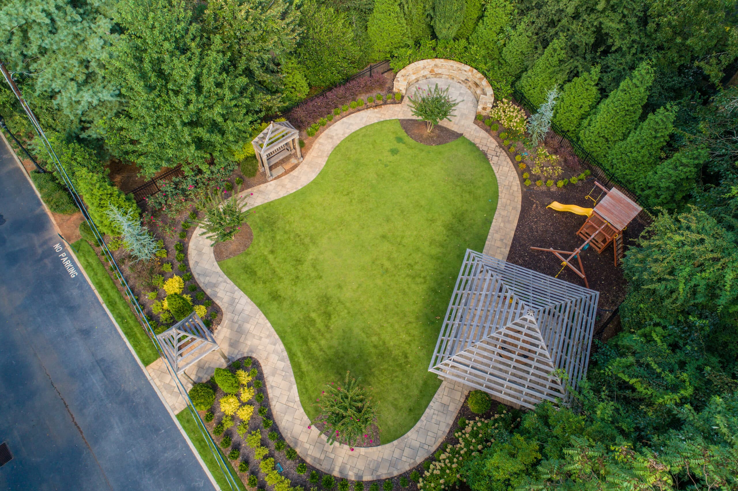 Aerial view of a maintained backyard lawn