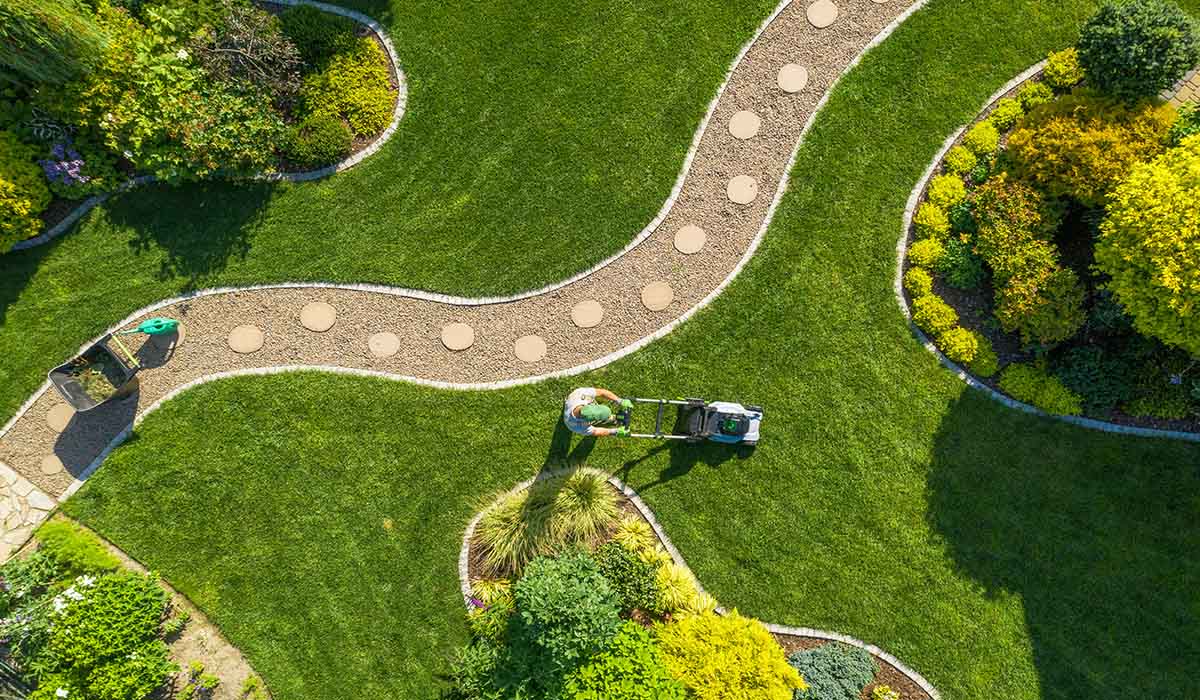 Aerial view of a freshly mowed lawn